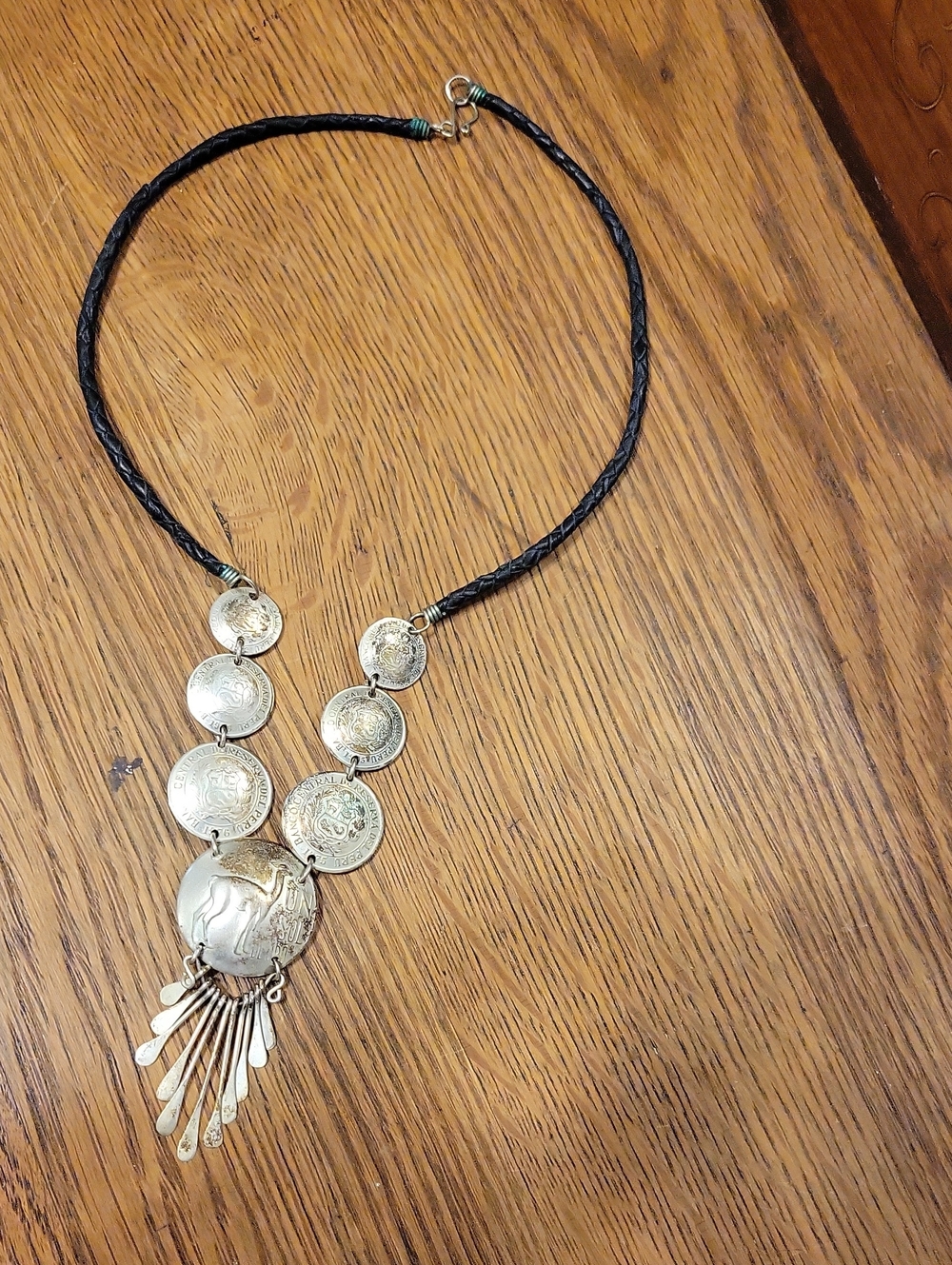 Vintage 1968 Peruvian Boho Silver Coin Pendant Necklace with Black Braided Cord
